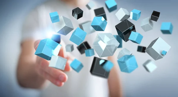 Affärsman röra flytande blå glänsande kub nätverk 3d vilke — Stockfoto