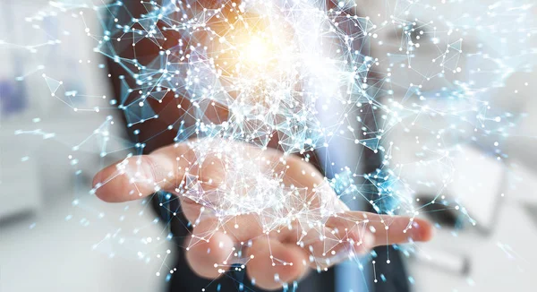 Uçan ağ bağlantısı 3d render tutan işadamı