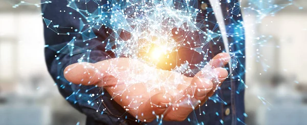 Uçan ağ bağlantısı 3d render tutan işadamı