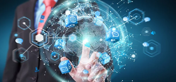 İşadamı 3d rende tarafından aktive uçan Dünya ağ arabirimi