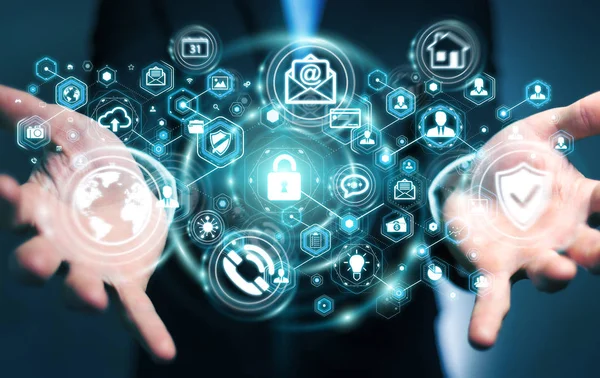 Onun veri kişisel bilgileri 3d renderin koruma işadamı