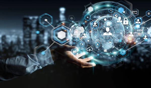 Sosyal ağ arabirimi 3d işlemesini kullanan iş adamı