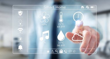 Akıllı ev dijital arabirimi 3d işlemesini kullanan iş adamı