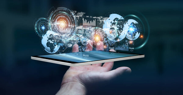 Экран голограммы с цифровыми данными, используемыми бизнесменом 3D рендерингом
