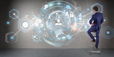 Üzerinde bir duvar 3d renderin sosyal ağ arabirimini kullanarak iş adamı