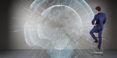 Bir duvar 3d re dijital planet earth arabirimini kullanarak iş adamı