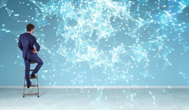 Bir duvara 3d render bağlantı ağ kullanarak iş adamı