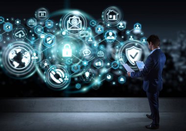 Onun veri kişisel bilgileri 3d renderin koruma işadamı