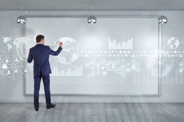 Üzerinde bir kurulu 3d renderin grafik ekranlar arabirimini kullanarak iş adamı