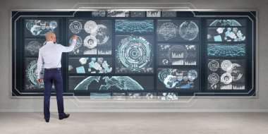 Üzerinde bir kurulu 3d renderin grafik ekranlar arabirimini kullanarak iş adamı