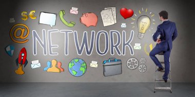 İş adamı izlerken sosyal ağ kroki üzerinde duvar 3d renderin