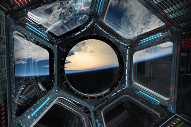 Bir uzay istasyonu pencere 3d işleme el Dünya gezegeninden görünümünü