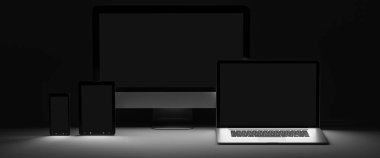 Karanlık modern bilgisayar dizüstü cep telefonu ve tablet 3d render
