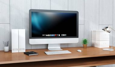 Bilgisayarı ve aygıtları 3d render ile modern işyeri iç