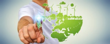 Yenilenebilir enerji kroki dokunmadan işadamı