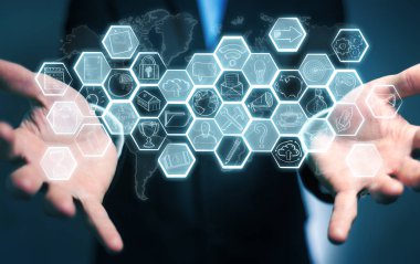 Multimedya arabirimi çizilmiş tutan işadamı