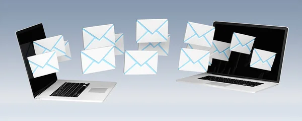 Digital e-mails flying through devices screens 3D rendering