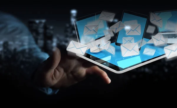 Empresário recebendo e-mails em seus dispositivos digitais 3D renderin — Fotografia de Stock