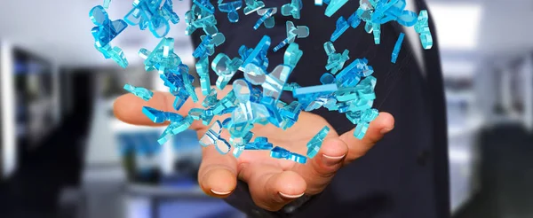 Бизнесмен, держащий группу синих людей в 3D рендеринге — стоковое фото
