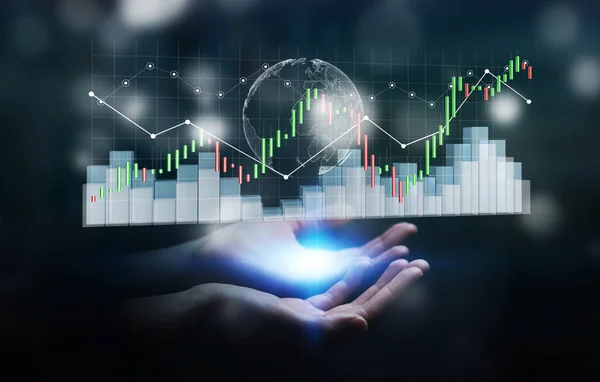 Podnikatelka pomocí digitálních 3d vykreslení statistiky stock exchange a — Stock fotografie