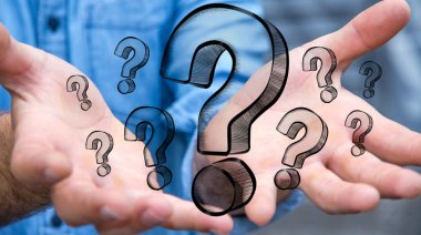 Elle çizilmiş soru işaretleri dokunmadan işadamı