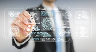 Dijital ekranlar hologramlar veriler 3d render ile kullanarak iş adamı