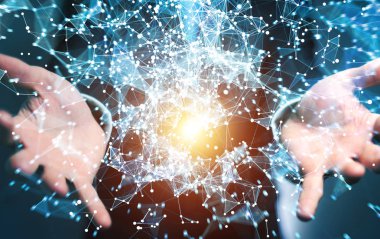 Uçan ağ bağlantısı 3d render tutan işadamı