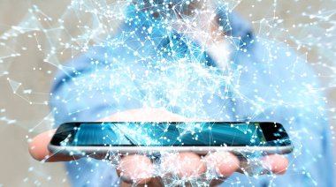 Uçan ağ bağlantısı 3d render tutan işadamı