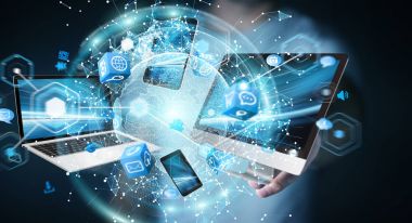 Teknik cihazlar birbirine işadamı 3d render tarafından bağlı