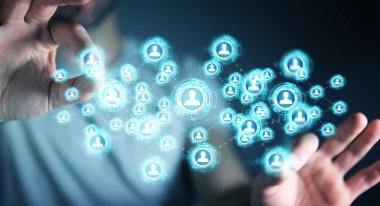 Sosyal ağ arabirimi 3d işlemesini kullanan iş adamı