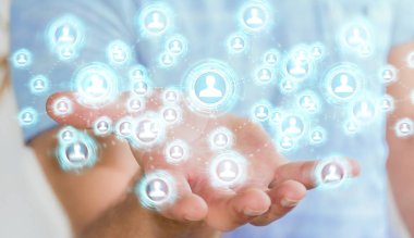 Sosyal ağ arabirimi 3d işlemesini kullanan iş adamı