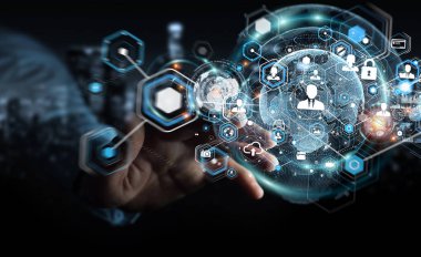 Sosyal ağ arabirimi 3d işlemesini kullanan iş adamı