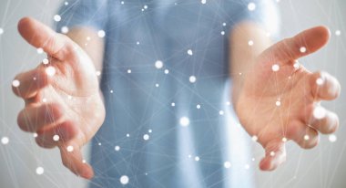 Kayan nokta ağ 3d render tutan işadamı