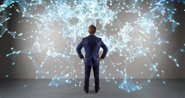 Bir duvara 3d render bağlantı ağ kullanarak iş adamı