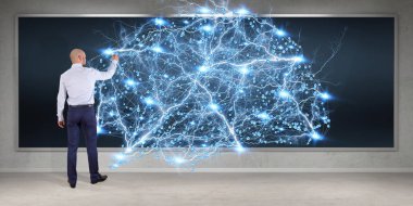 Üzerinde bir kurulu 3d renderin dijital beyin arabirimini kullanarak iş adamı