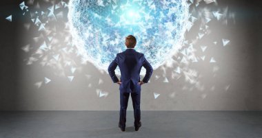Bir duvar 3d re dijital planet earth arabirimini kullanarak iş adamı