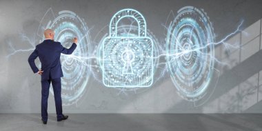 Bir duvar 3d render virüsten koruma arabirimini kullanarak iş adamı