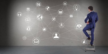 Üzerinde bir duvar 3d renderin sosyal ağ arabirimini kullanarak iş adamı