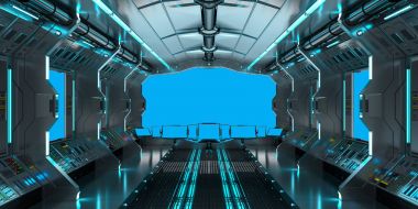 Uzay gemisi iç Oda mavi Windows 3B oluşturma