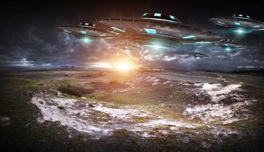 UFO işgal gezegen Dünya'ya landascape 3d render