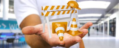 Dijital 3d render altında inşaat işaretleri kullanarak iş adamı