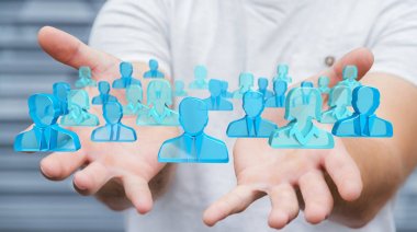 3D rendering grup mavi insan tutan işadamı 