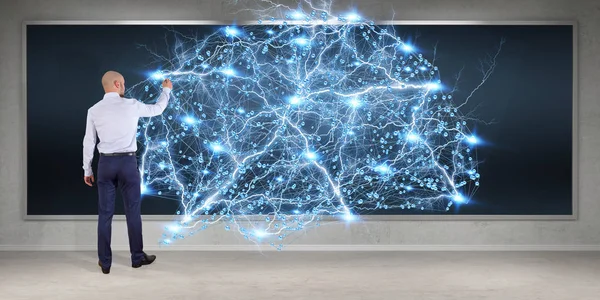 Üzerinde bir kurulu 3d renderin dijital beyin arabirimini kullanarak iş adamı