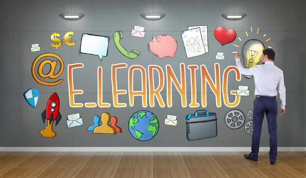 Zakenman tekening van e-learning schets op een muur 3D-rendering — Stockfoto