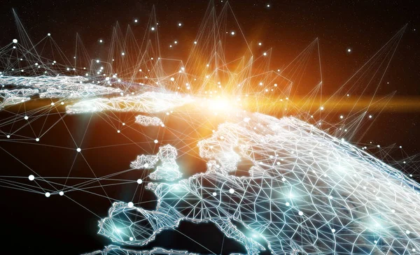 Globális hálózat és az adatok cseréjét a bolygó Föld 3d rend — Stock Fotó