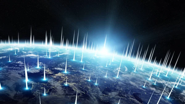 Jaringan global dan datas bertukar atas planet Bumi 3D rend — Stok Foto