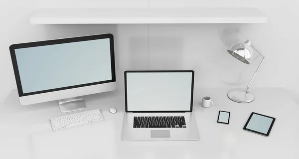 Современный интерьер белого стола с компьютером и устройствами 3D рендерин — стоковое фото