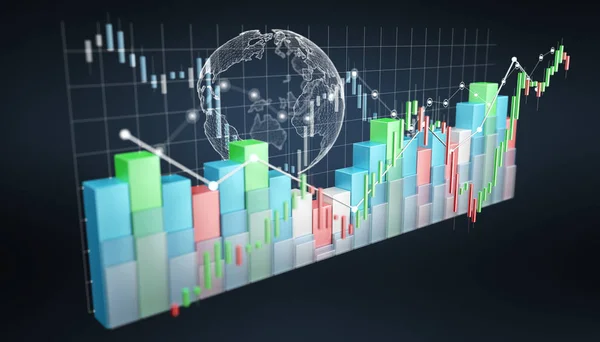 Estatísticas e gráficos da bolsa de valores renderizados em 3D digital — Fotografia de Stock
