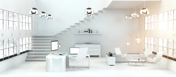 Interior de escritório branco moderno com computador e dispositivos 3D render — Fotografia de Stock