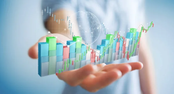 Uomo d'affari che utilizza 3D digitale reso statistiche di borsa e c — Foto Stock